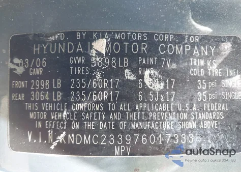 2007 Hyundai Entourage Gls/Limited/Se z USA, uszkodzony, nr VIN KNDMC233976017333